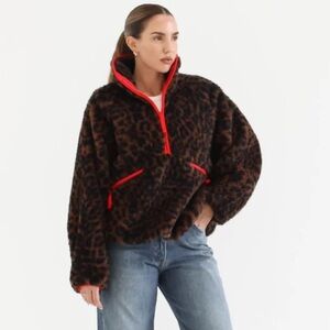 Rumored Brown Leopard Teddy Jacket with Red Trim